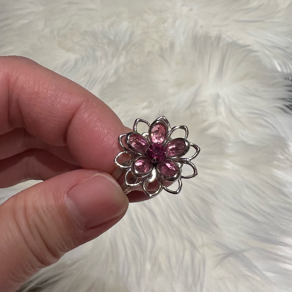 Silver pink floral ring